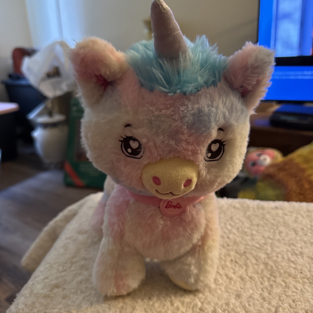 Rainbow Barbie Unicorn Plush, Cute Fluffy, Pink & Blue Fur, 11 Inches Tall